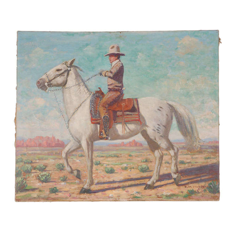 Oil Painting of Mounted Cowboy and His Horse
