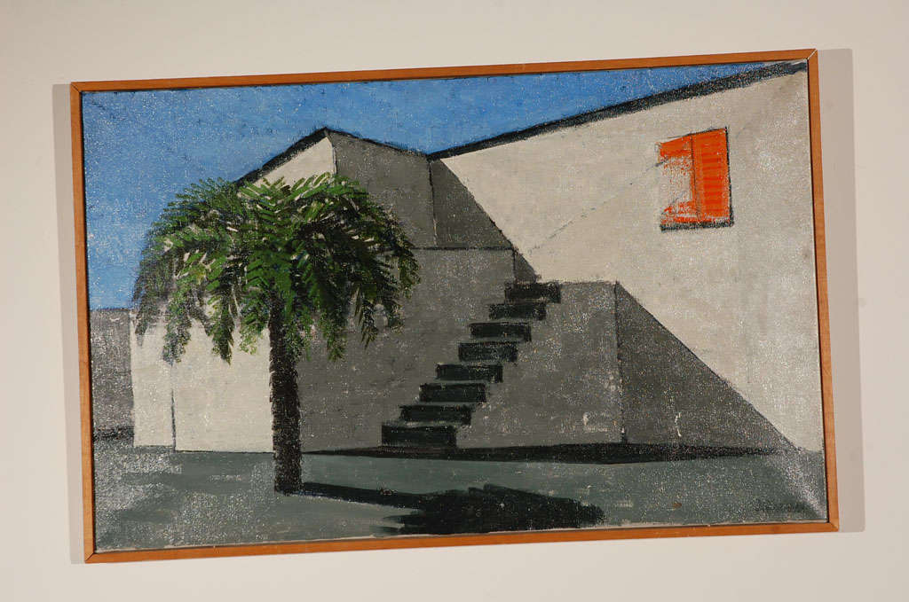 Oil painting with Surrealistic architectural image of modern structure with palm tree. Signed in lower right corner, Dilbauer. In good condition with a few minor scratches in surface paint, only one of significance. Also a slight pucker in lower