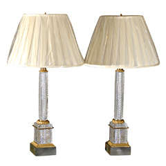 Pair Cut Crystal Column Lamps