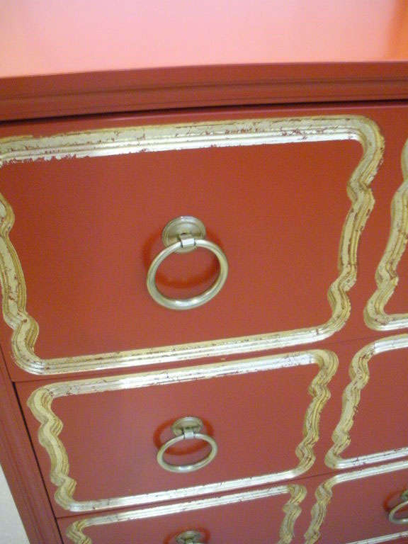 Pair of orange Dorothy Draper Espana chests of drawers. In Excellent Condition In Hudson, NY