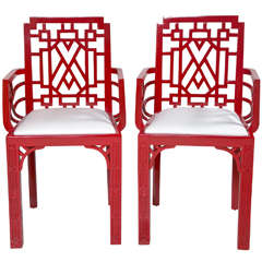 Pair of Red Lacquered Chippendale Style Chairs