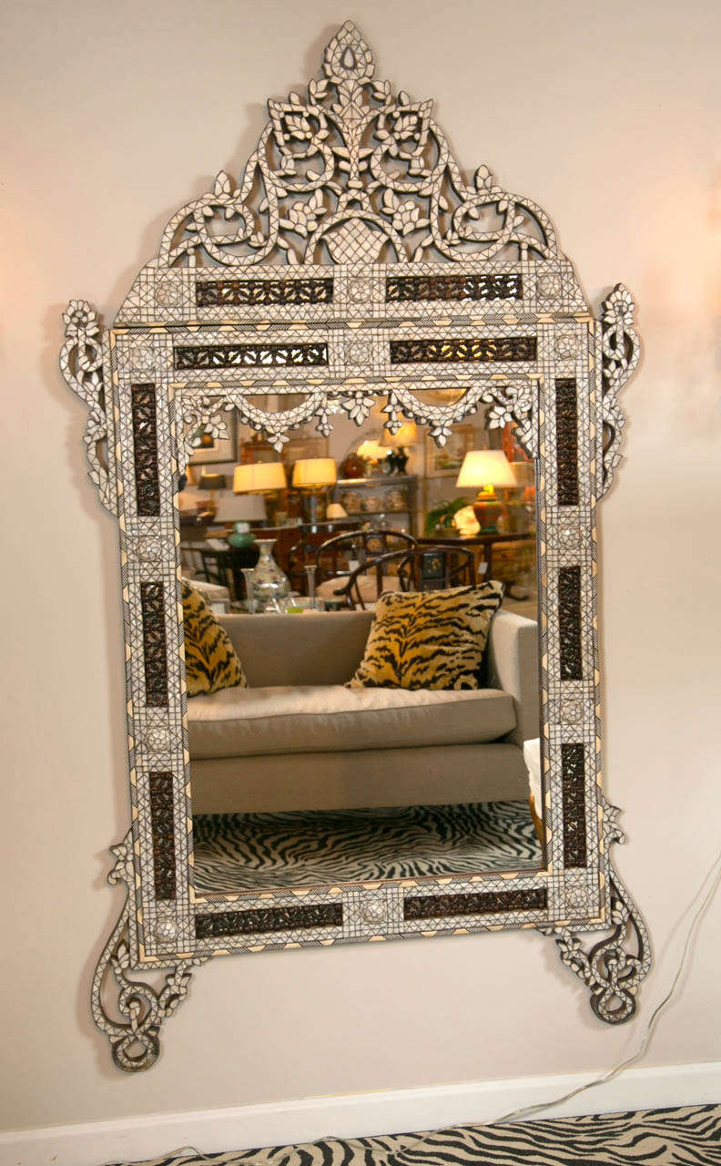 Syrian 1920's Mother of Pearl and Bone Inlay Mirror In Excellent Condition In Stamford, CT