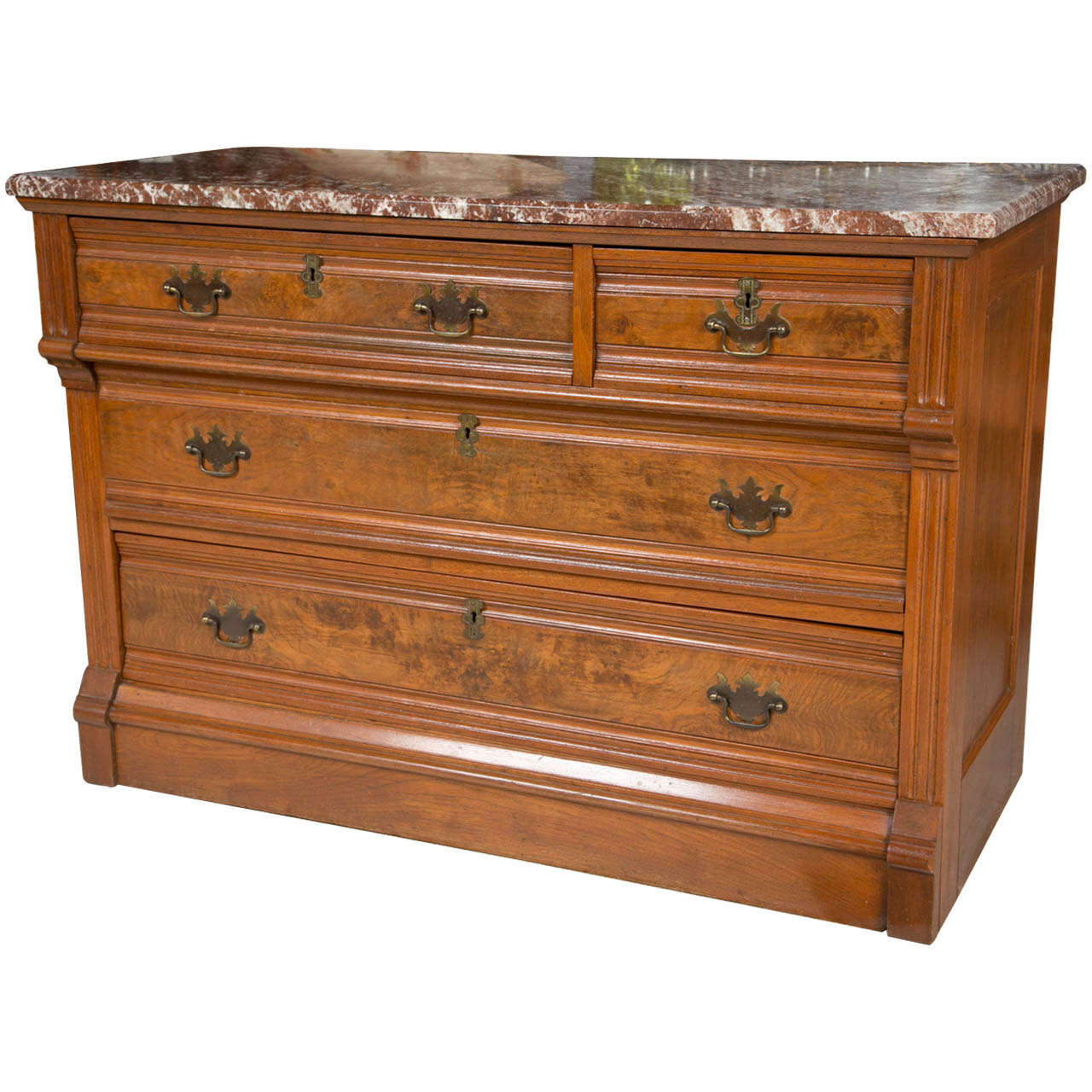 Commode anglaise du 19ème siècle en acajou et ronce de noyer avec dessus en marbre