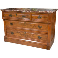 19th C English Mahogany & Burled Walnut Chest of Drawers with Marble Top