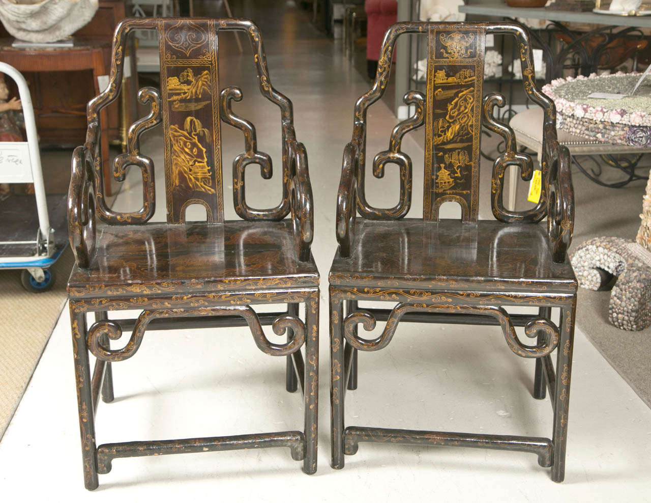 Pair or Antique Chinese lacquered and gilded chairs with chinoiserie detail