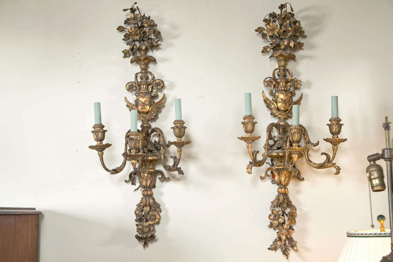 Set of Four 19th C Continental Carved Wood Sconces In Excellent Condition In Stamford, CT