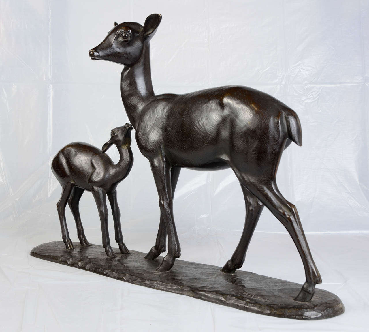 Bronze Deer and Fawn Group Sculpture Signed Leduc