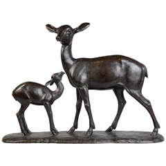 Bronze Deer and Fawn Group Sculpture Signed Leduc