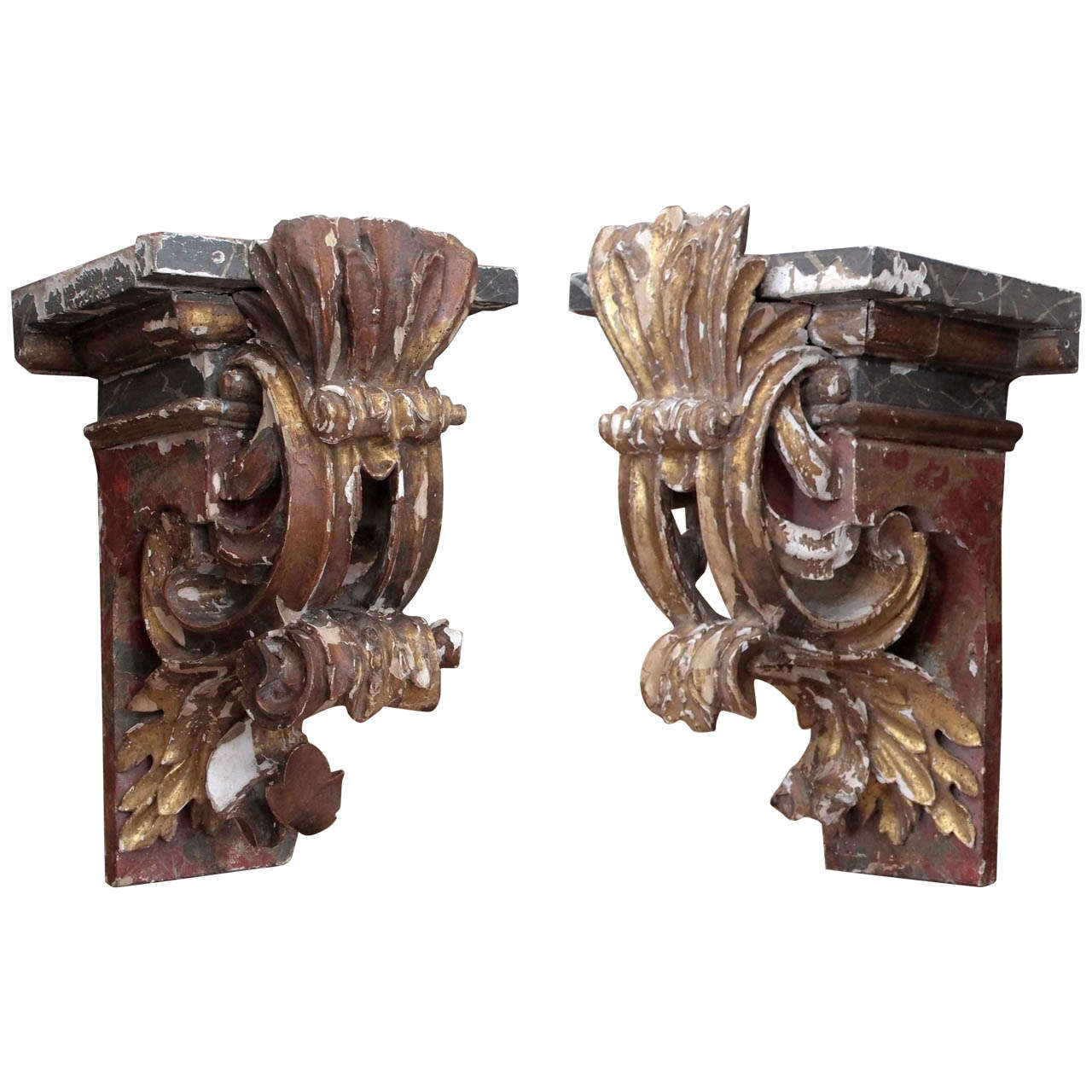 Pair of Italian 18th Century Gilt and Painted Brackets For Sale