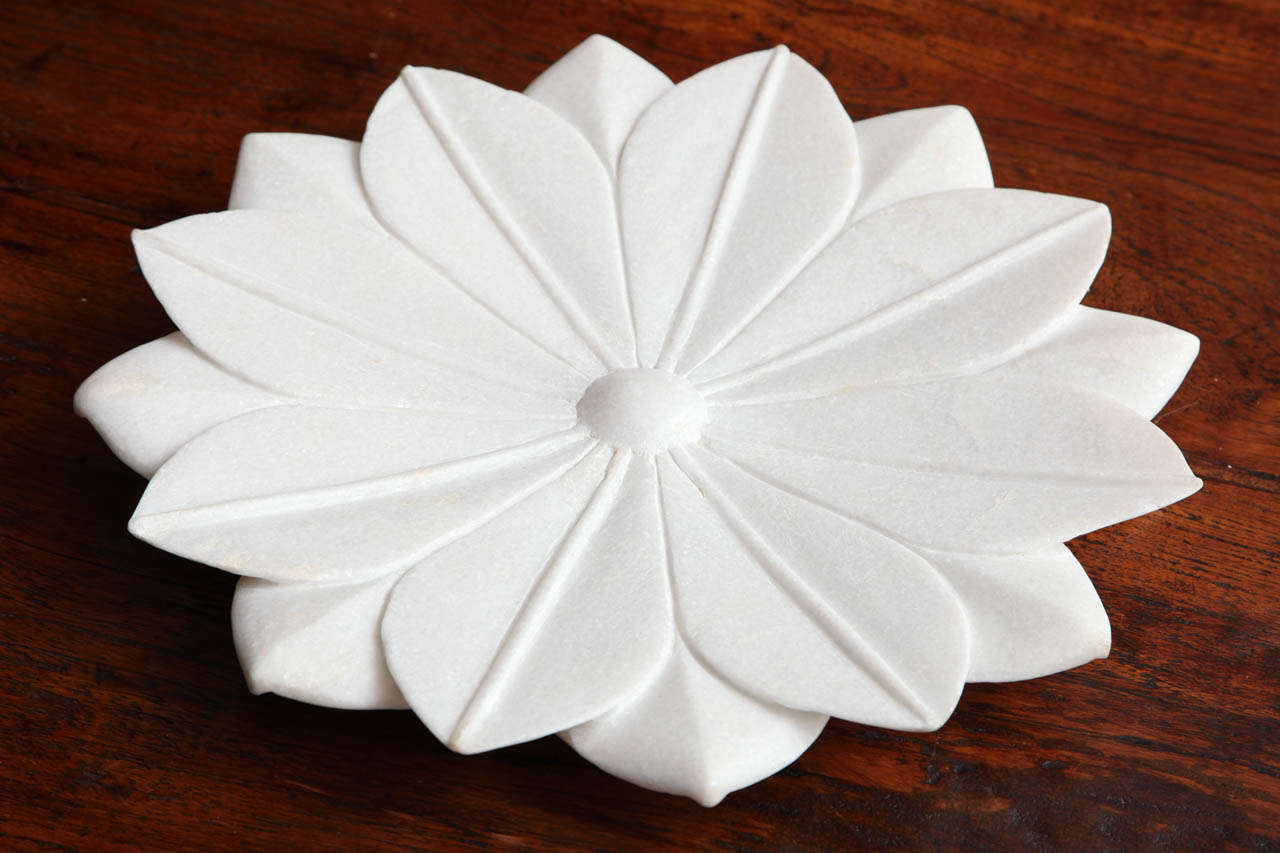 A large lotus flower plate from India. Hand-carved in spotless white marble. 