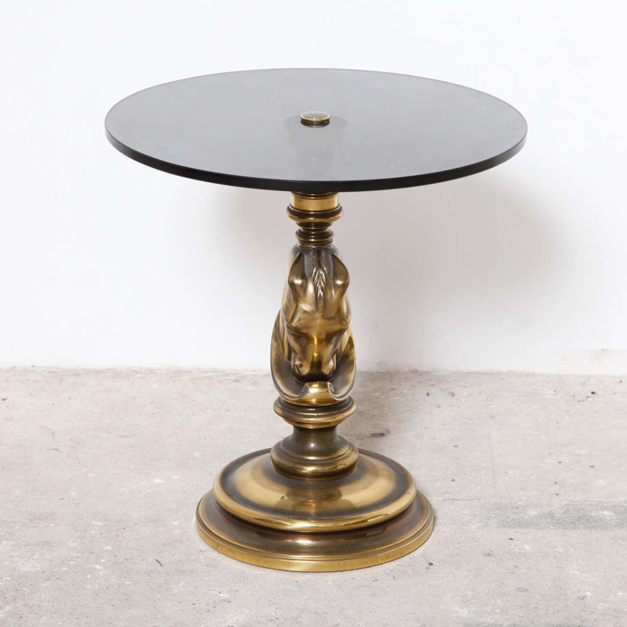 French side table, bronze horse head, smoked glass top.