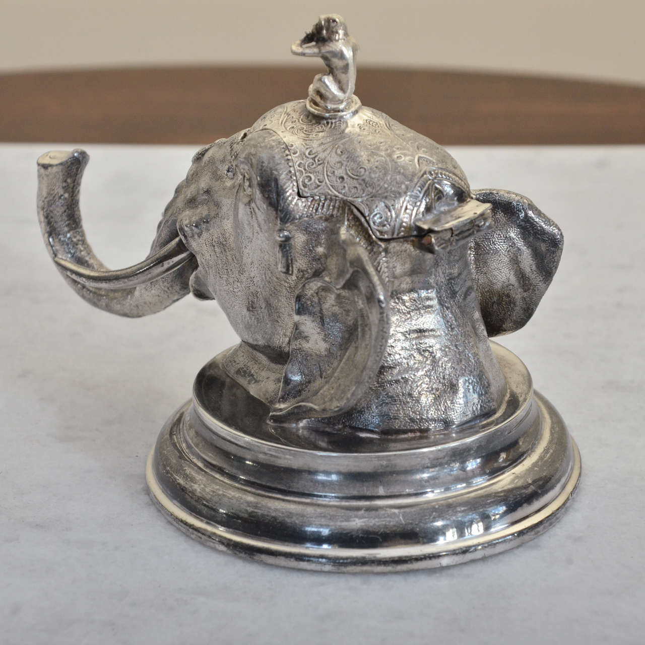 Victorian English Silver Plate Elephant Head Inkwell with Monkey Finial