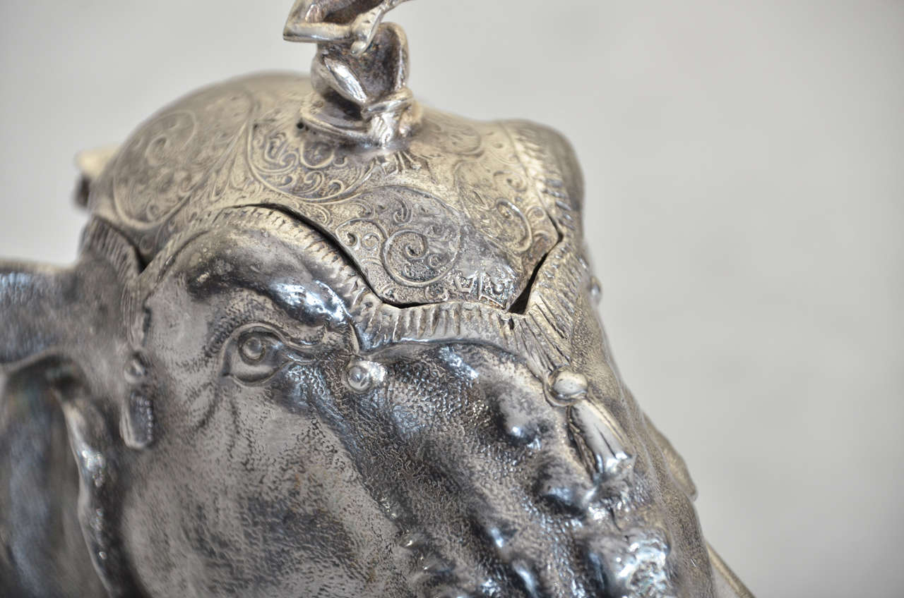 19th Century English Silver Plate Elephant Head Inkwell with Monkey Finial