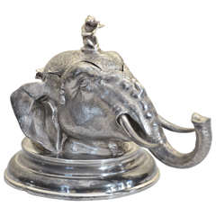 English Silver Plate Elephant Head Inkwell with Monkey Finial