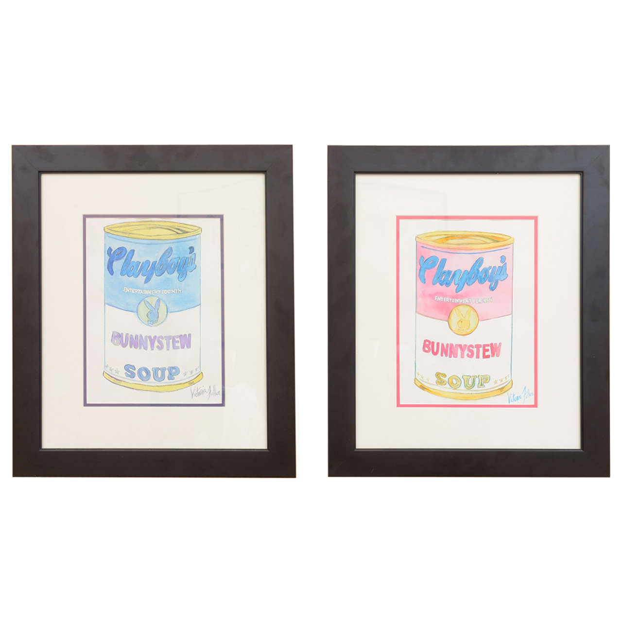 Original Pair of Watercolors by Victoria Fuller 2005, "Pink and Blue Bunny Stew"
