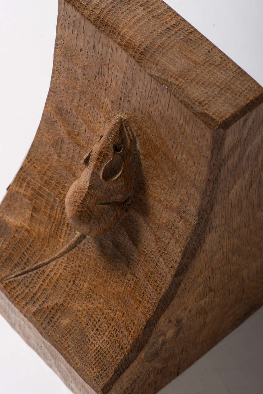 A pair of oak Robert Mouseman Thompson bookends.
Adzed effect.
Carved mouse signature,
England, circa 1960.
Dimensions: 15.5 cms H x 9.25 cms W x 9.25 cms D.