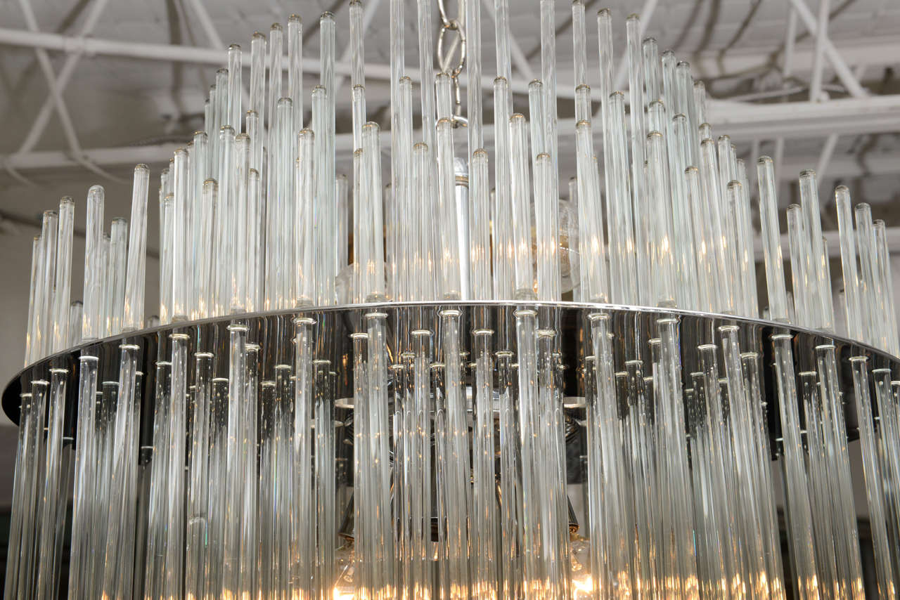 Large Glass Rod and Chrome Chandelier by Gaetano Sciolari for Lightolier In Excellent Condition In North Miami, FL