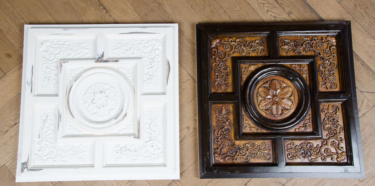 We have a large number of these reclaimed decorative wooden panels featuring ornate floral and foliate designs. The panels could be used in a number of ways such as ceiling or wall panelling, or to clad a bar or counter. The panels come painted dark