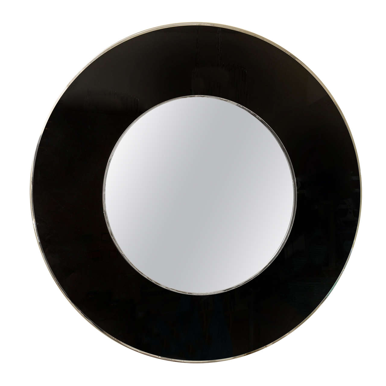 Monumental Circular Black Glass and Banded Stainless Steel Mirror