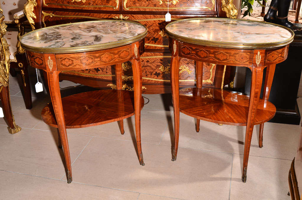 pr of 19th c transitional Louis XVI side tables parquetry design