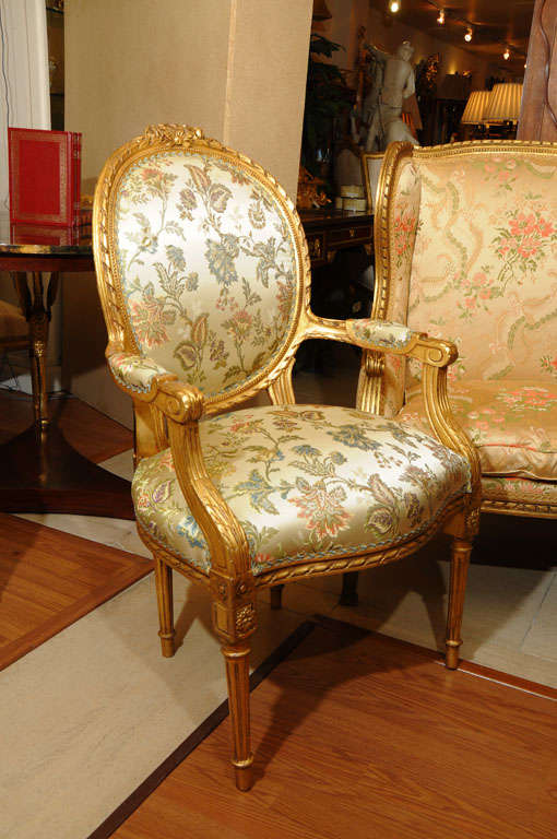 French 19th c Louis XVI gilded oval back open arm chairs