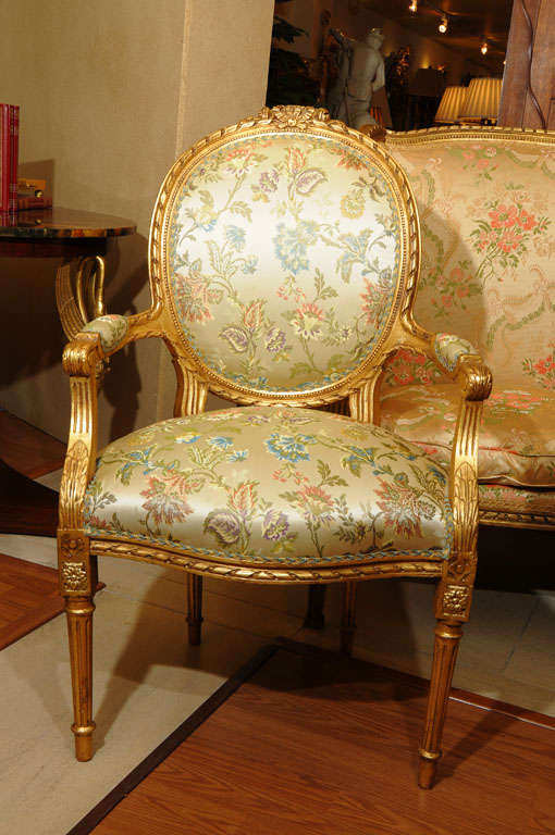 19th c Louis XVI gilded oval back open arm chairs In Excellent Condition In Dallas, TX