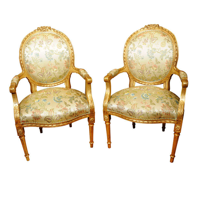 19th c Louis XVI gilded oval back open arm chairs