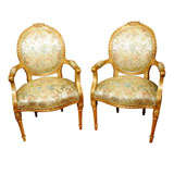 19th c Louis XVI gilded oval back open arm chairs