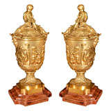 19thc bronze dore Clodion urns on marble bases