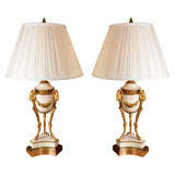 19th c  Louis XVI white marble tripod design lamps