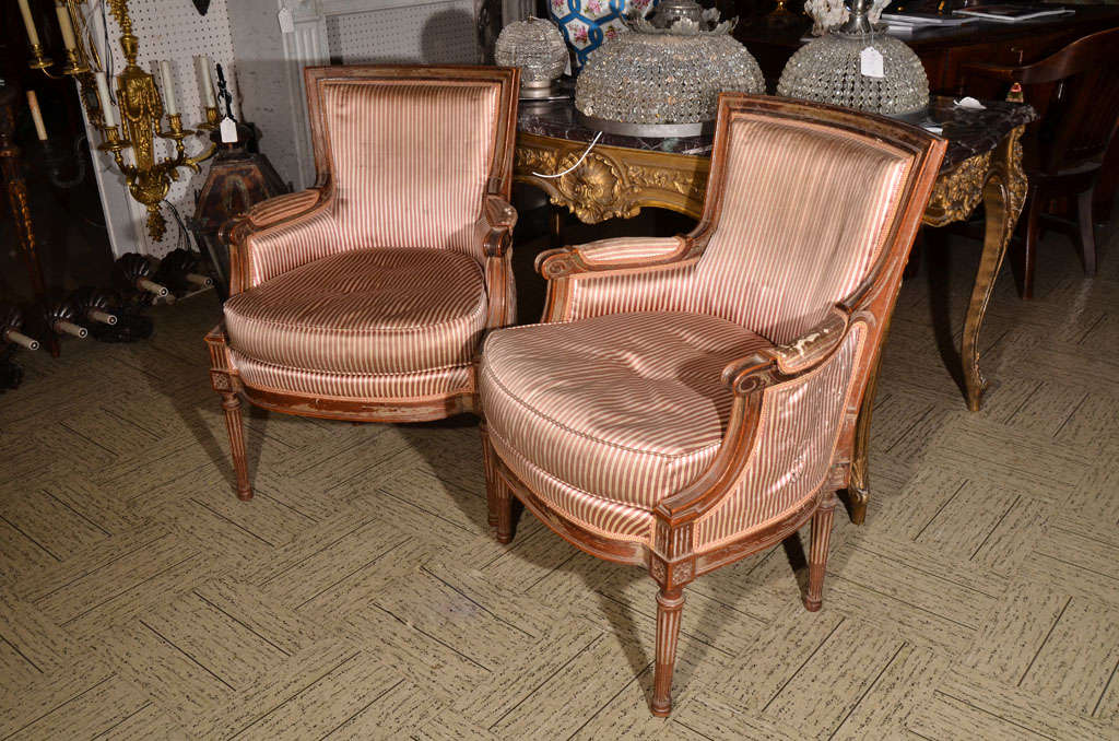 Pair beautifully carved mahogany arm chairs with original silk upholstery