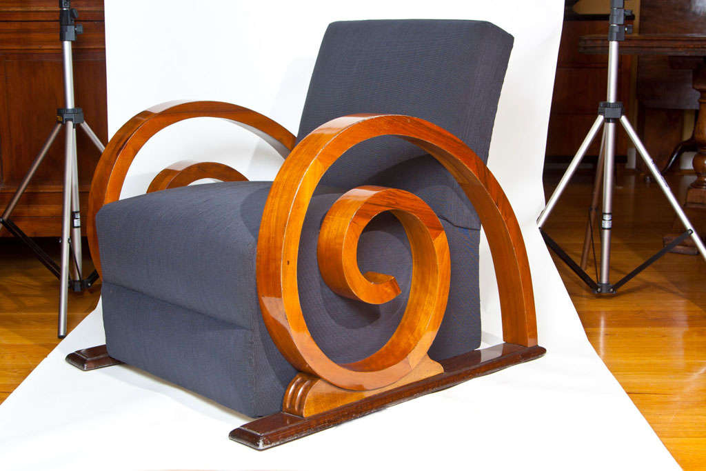 Rare French Art Deco Chairs in walnut with dramatic curled 'escargot' arms (arm width is 3 inches), seating extremely comfortable, recently recovered