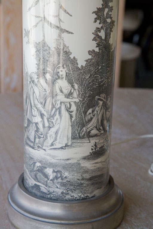 Italian table lamp in a French Toile de Jouy pastoral theme.