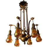 Truly Fabulous Bronze Chandelier with 6 Steuben Glass Shades