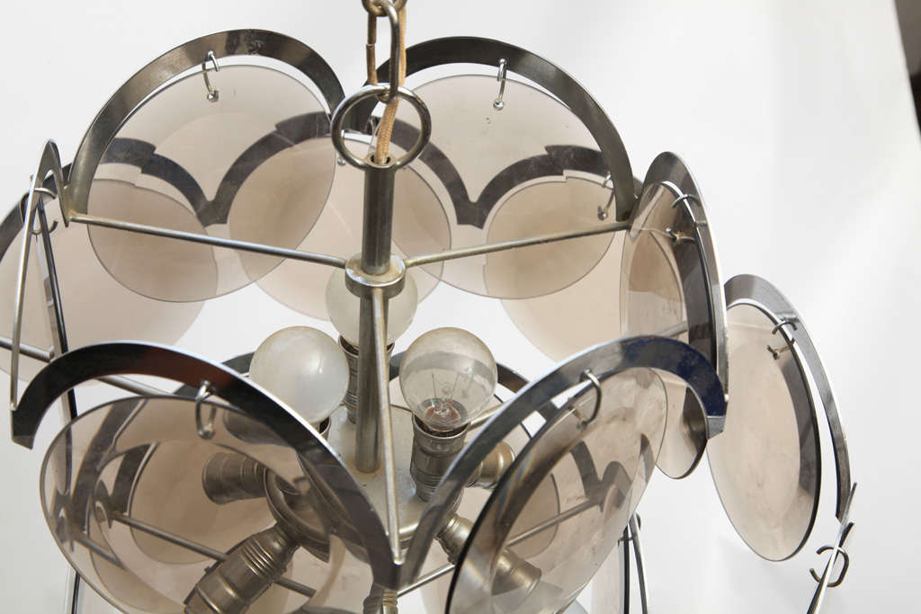 Late 20th Century Vistosi Four-Tier Chrome and Smoke Glass Disc Chandelier, Italy, 1970s