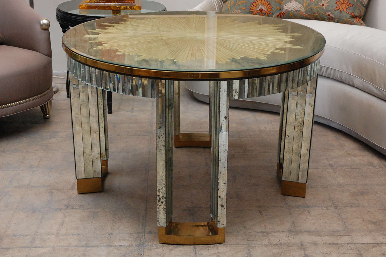 Spectacular Mirrored Center Table with Etched and Gilded Starburst.  Removable Top with Inlaid Wooden Top Beneath.  From the Helena Rubenstein Estate.