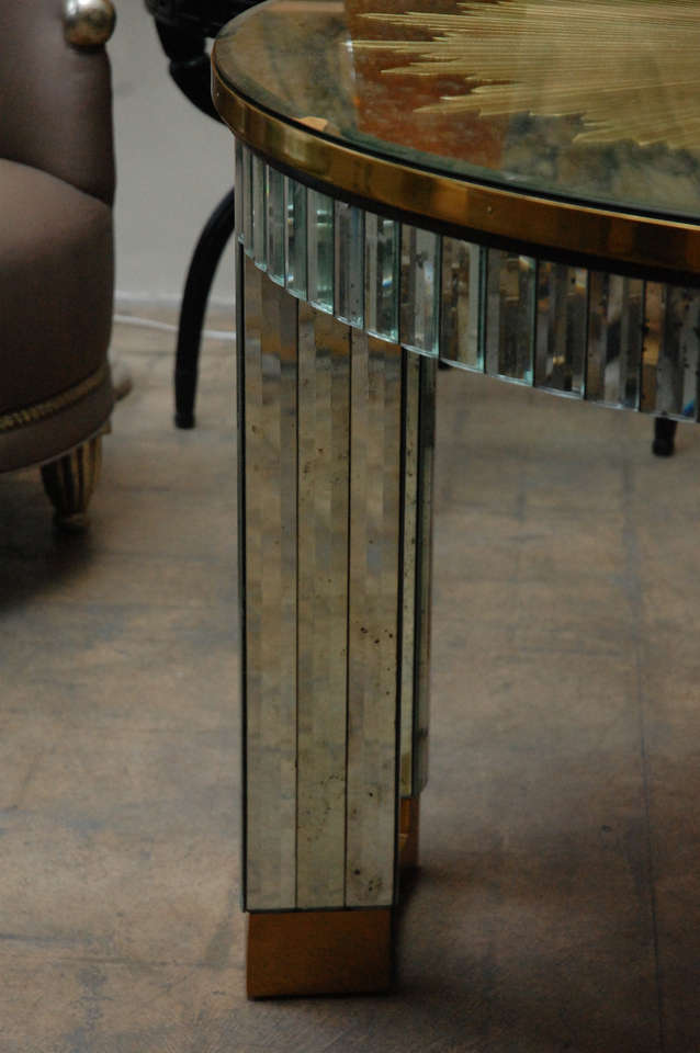 C. 1940 Brass And Antiqued Mirrored Table With Gilded Starburst 1