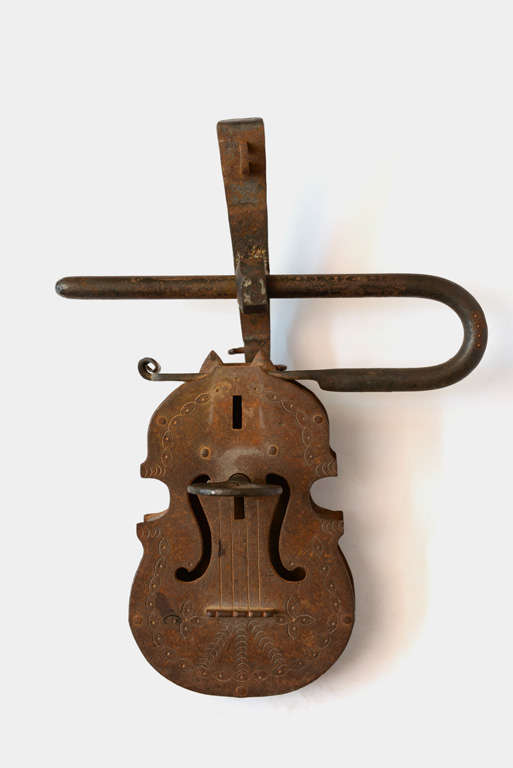 Folk Art Whimsical Violin Iron Lock and Key