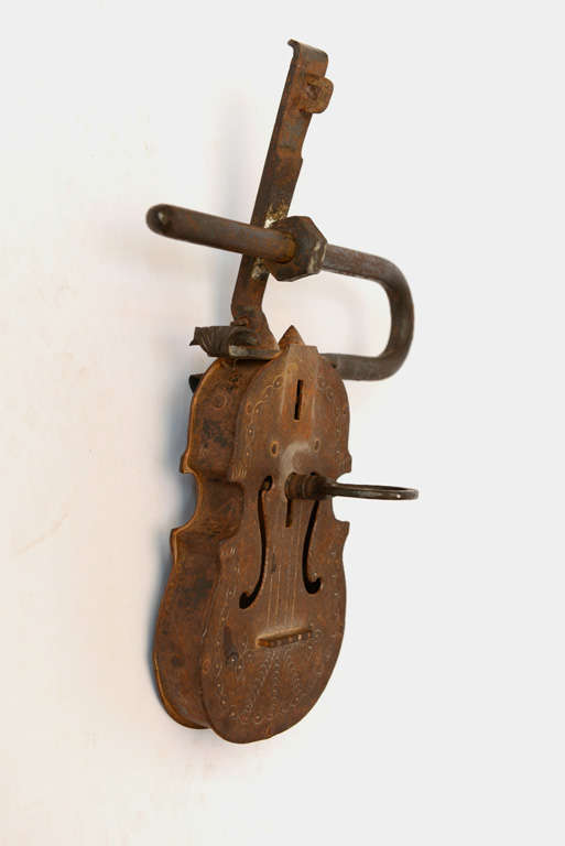 Unknown Whimsical Violin Iron Lock and Key