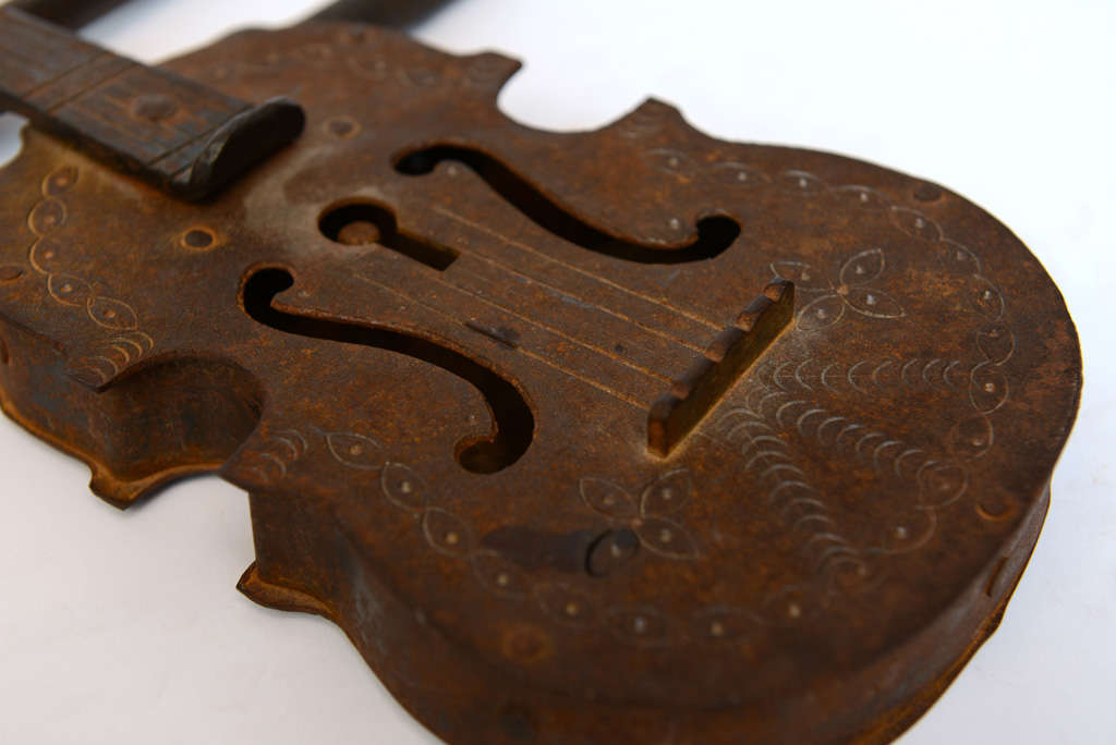 19th Century Whimsical Violin Iron Lock and Key