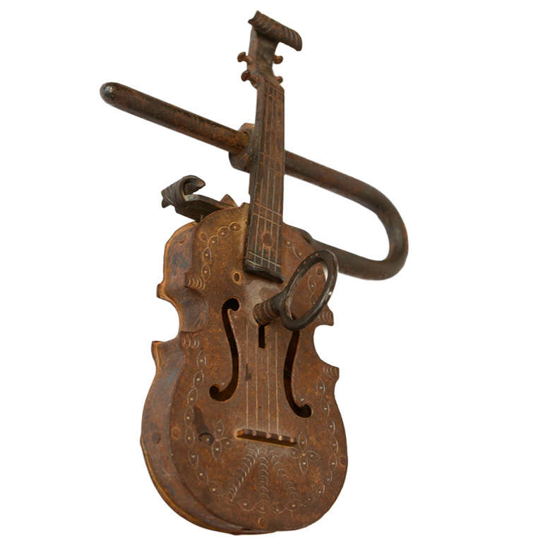Whimsical Violin Iron Lock and Key