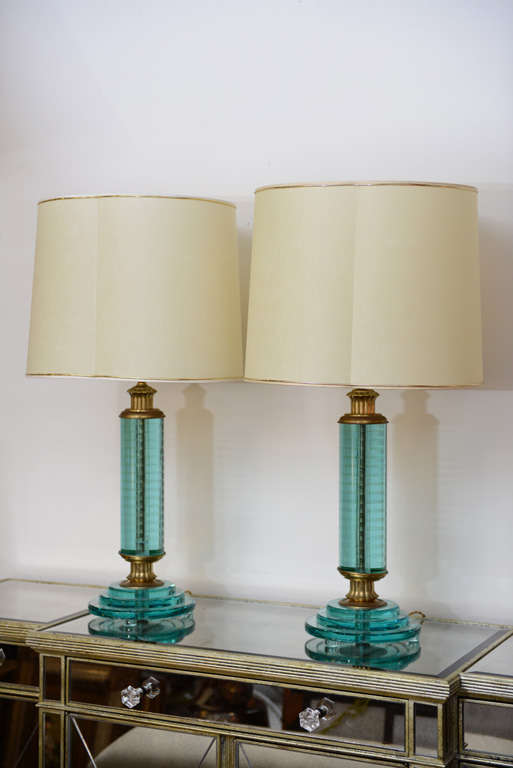 Very striking pair of Italy green glass lamps with bronze fittings.