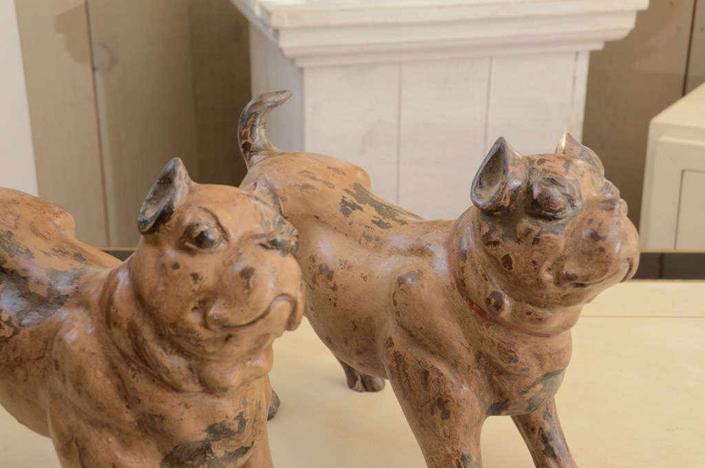 Pair of Polychrome Decorated Terracotta Figures of Bull Dogs In Excellent Condition In Water Mill, NY