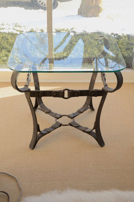 Pair of unusual iron occasional tables with glass tops