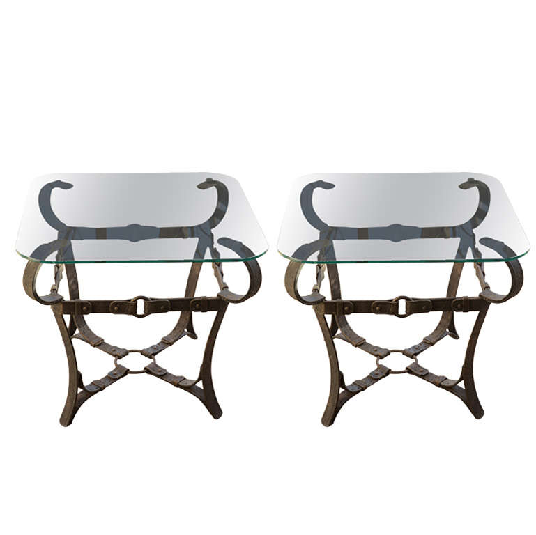 Pair of Unusual Iron Occasional Tables with Glass Tops For Sale