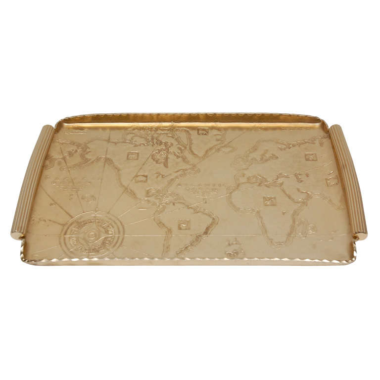 Gold Anodized Aluminum Repoussé Map Tray by Arthur Armour