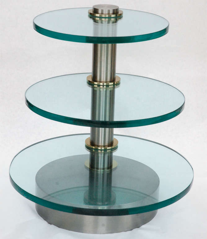 Swiveling Three Tier Steel, Brass and Glass Side Table