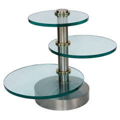 Swiveling Three Tier Steel, Brass and Glass Side Table