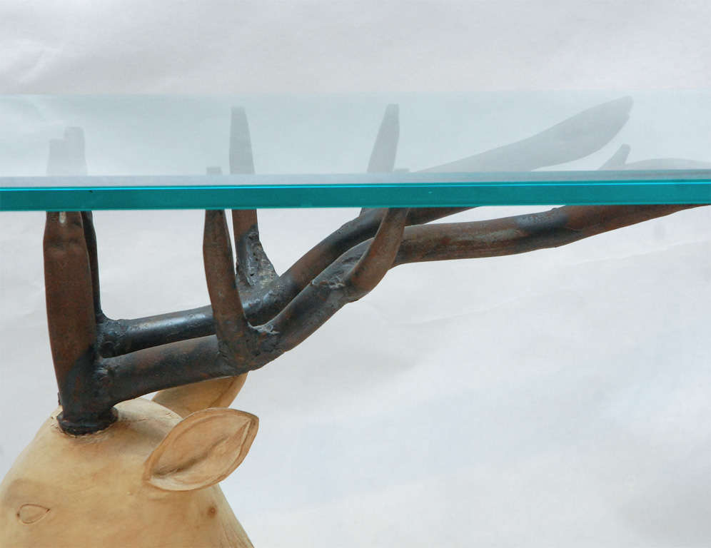  Carved Wood and Iron Stag Console Table In Excellent Condition In Palm Desert, CA