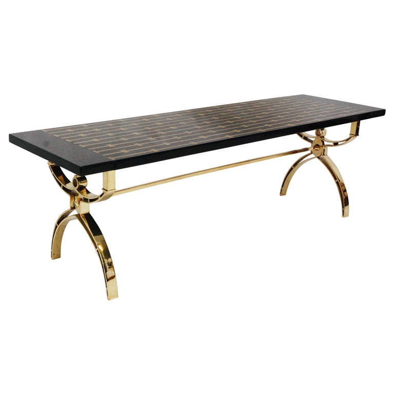 Chic Polished Brass and Lacquered Wood Cocktail Table